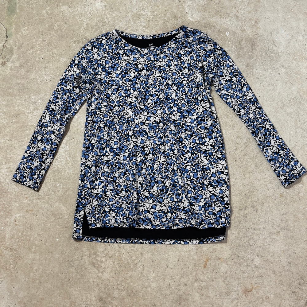 J.Jill Simply Supima Crewneck Tunic Top Women’s Small Black Blue White Floral - Picture 4 of 11
